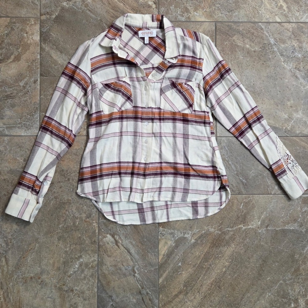 Shyanne Plaid Flannel Shirt Crochet Lace Back Western Button Down Cream Purple S